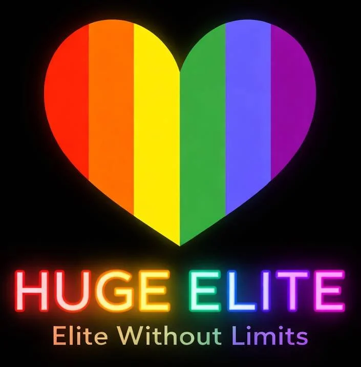 ELITE PRIDE // RAINBOW HEART LOGO, GLOWING NEON "HUGE ELITE" TEXT, "ELITE WITHOUT LIMITS" TAGLINE, BLACK BACKGROUND.