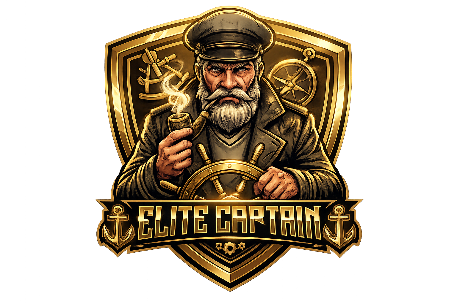 Elite Captain gold metallic logo, bearded maritime captain with pipe and steering wheel, high-definition shield with cyan neon accents, gold-embossed nautical details, sharp gold border with anchors, executive-level insignia on solid black.