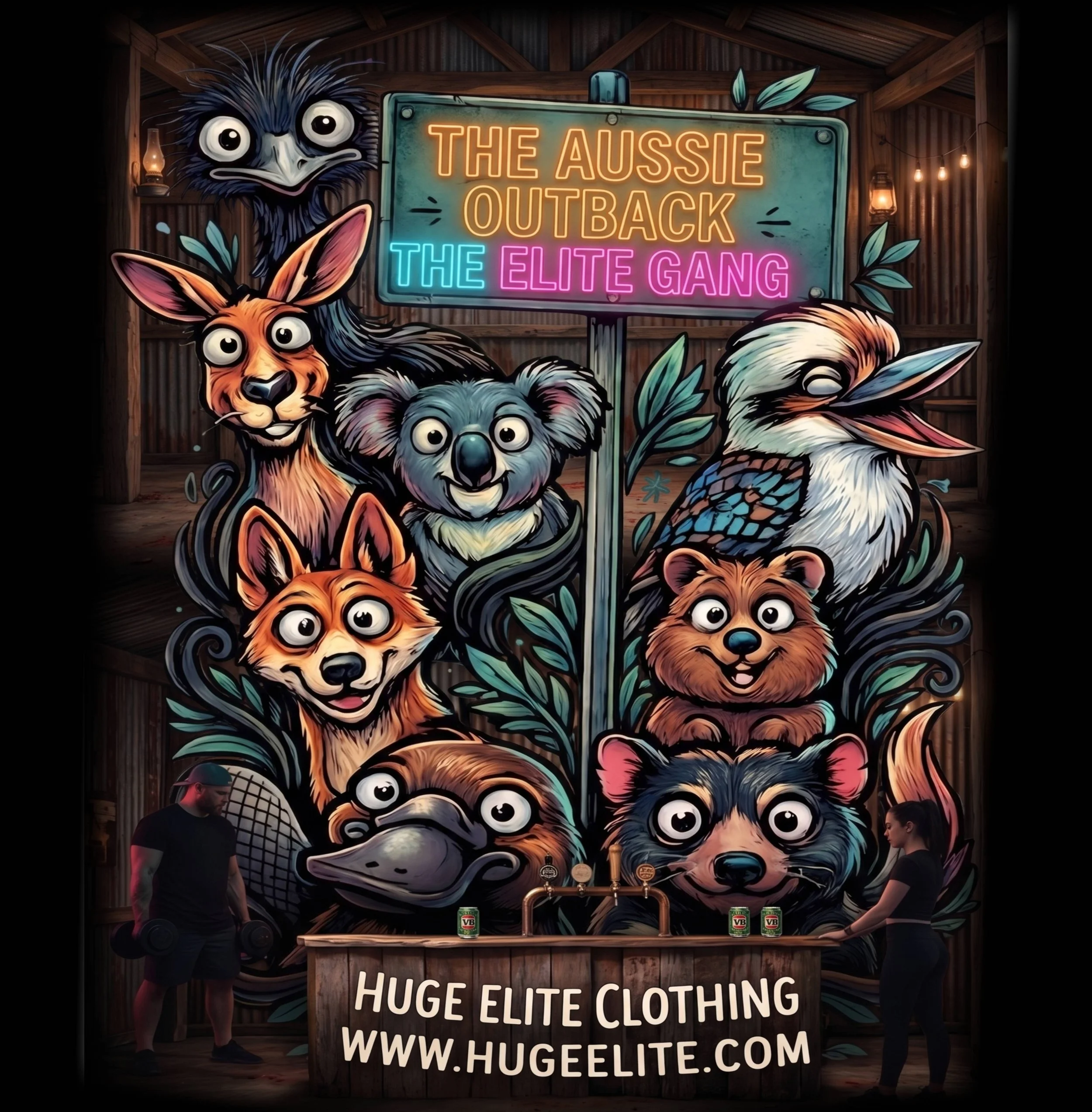 A brightly colored mural features cartoon-style Australian animals such as a kangaroo, koala, platypus, dingo, and cockatoo with large eyes, surrounding a sign promoting 'The Aussie Outback' and 'The Elite Gang' with neon-style text.