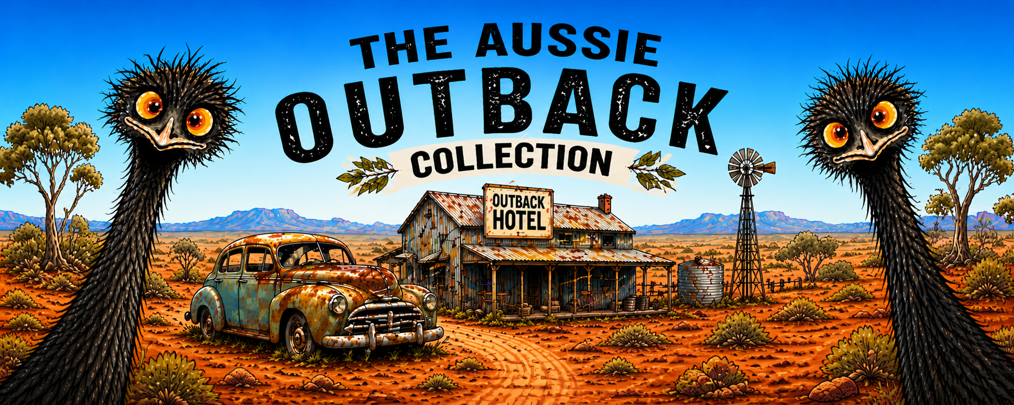 huge elite aussie outback collection banner, comic style emu illustration, rusty vintage car outback relic, abandoned tin pub australian desert, red dust landscape graphic, premium streetwear branding, huge elite global lifestyle,