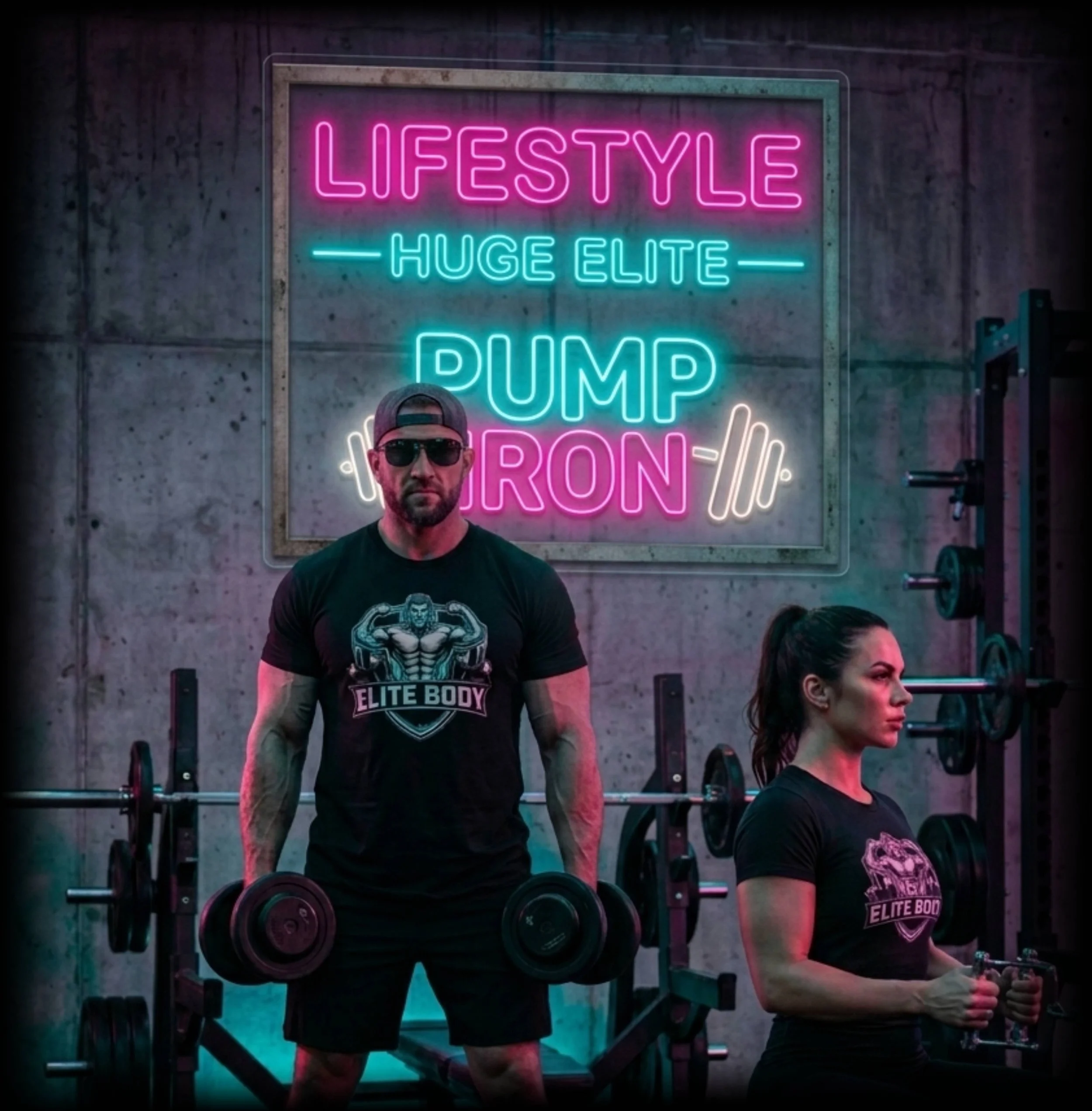 Photo of a man wearing sunglasses and a baseball cap, standing in a gym with a neon sign in the background that reads 'LIFESTYLE', 'HUGE ELITE', and 'PUMP'.