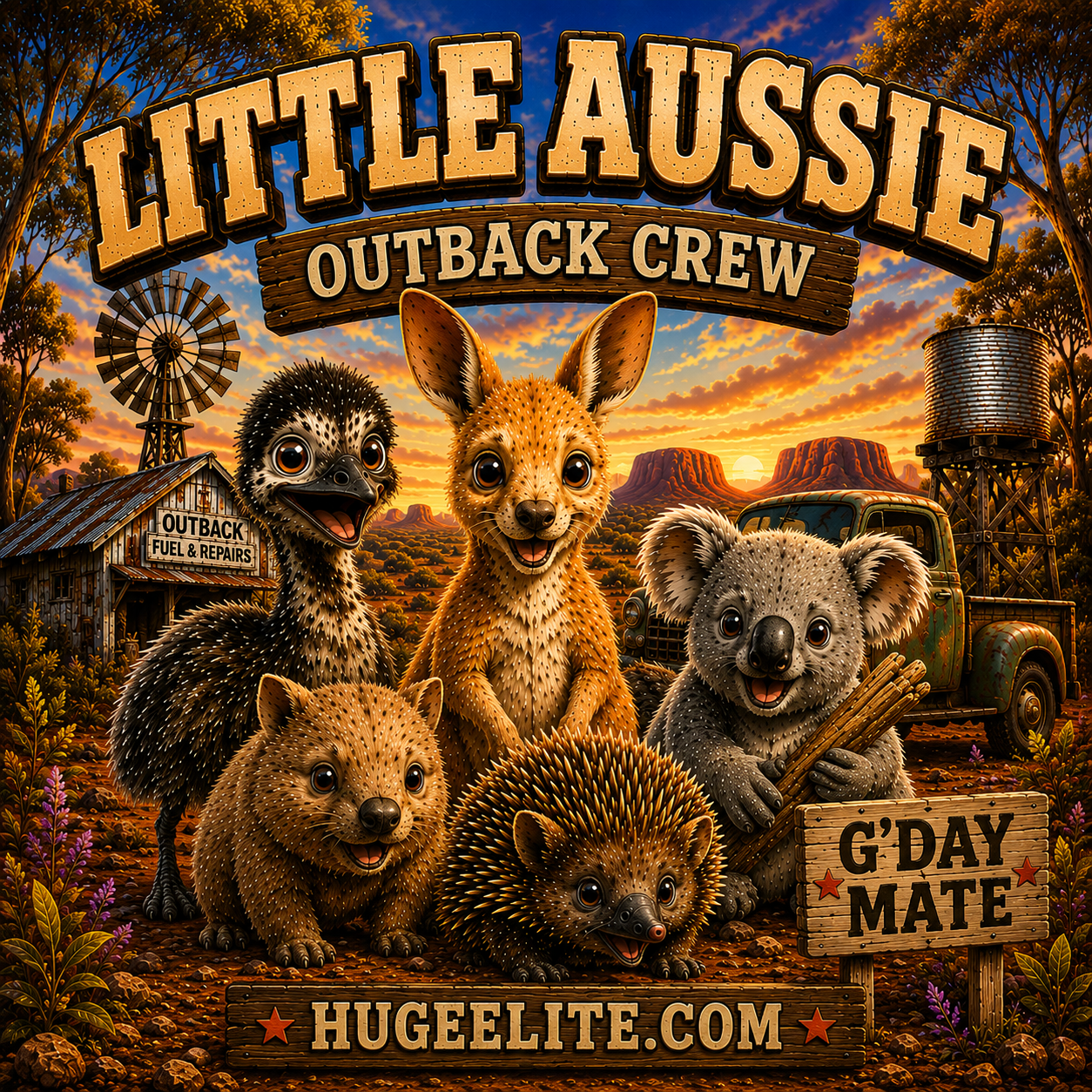 Aussie Outback Kids Crew logo, four juvenile emu characters in sunglasses, vibrant outback streetwear aesthetic, vintage illustration style, Huge Elite apparel branding, relaxed baby emu group, high-impact youth fashion