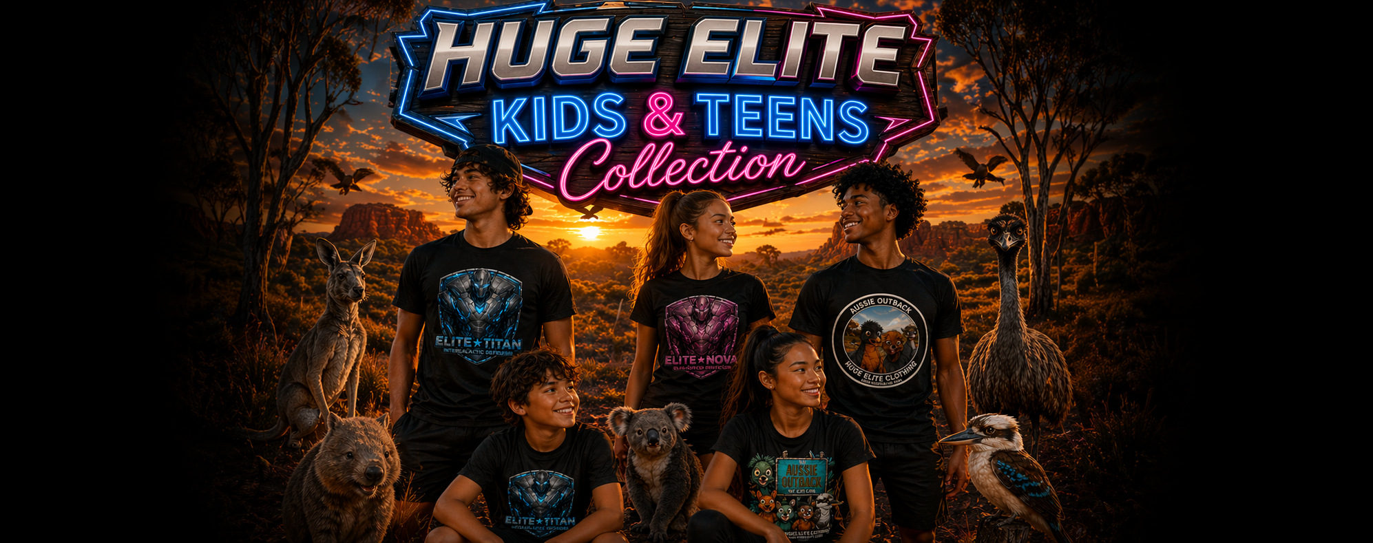 ELITE KIDS & TEENS // YOUNG MODELS IN BRANDED T-SHIRTS, AUSTRALIAN OUTBACK SUNSET WITH NATIVE ANIMALS, VIBRANT NEON LOGO HEADER.
