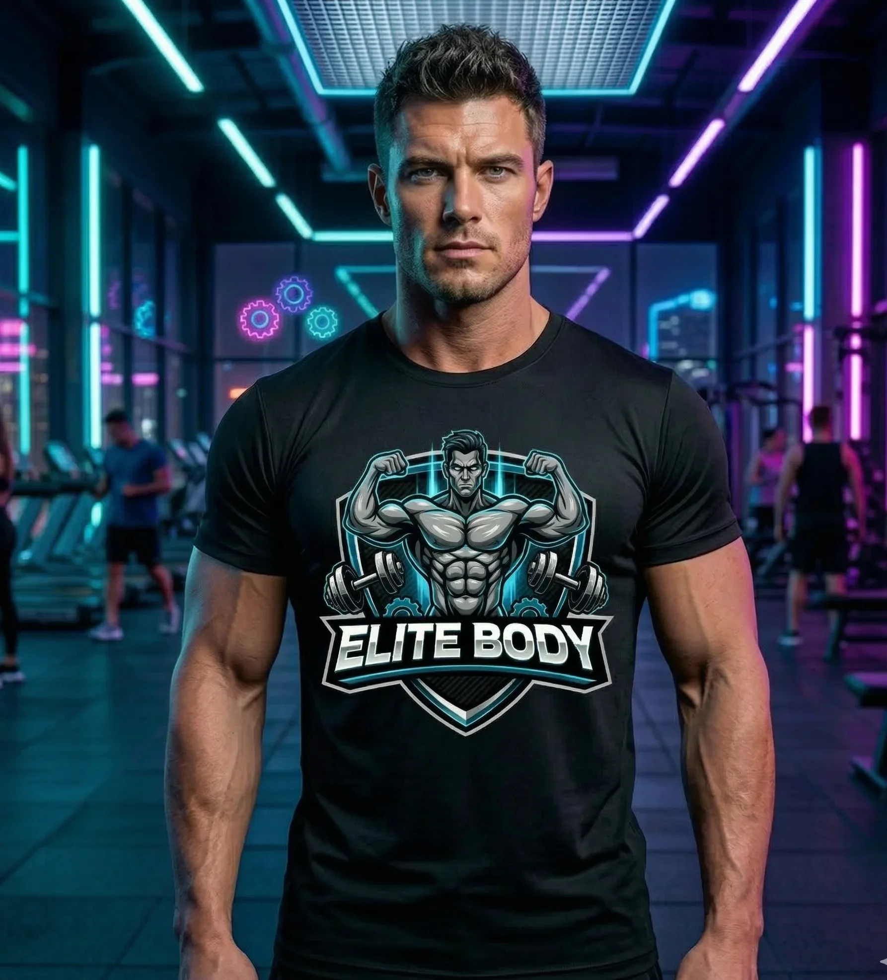 A muscular man in a black t-shirt with a graphic of a superhero with rocks and the text "Elite Body", standing in a modern gym with colorful neon lighting and fitness equipment in the background.