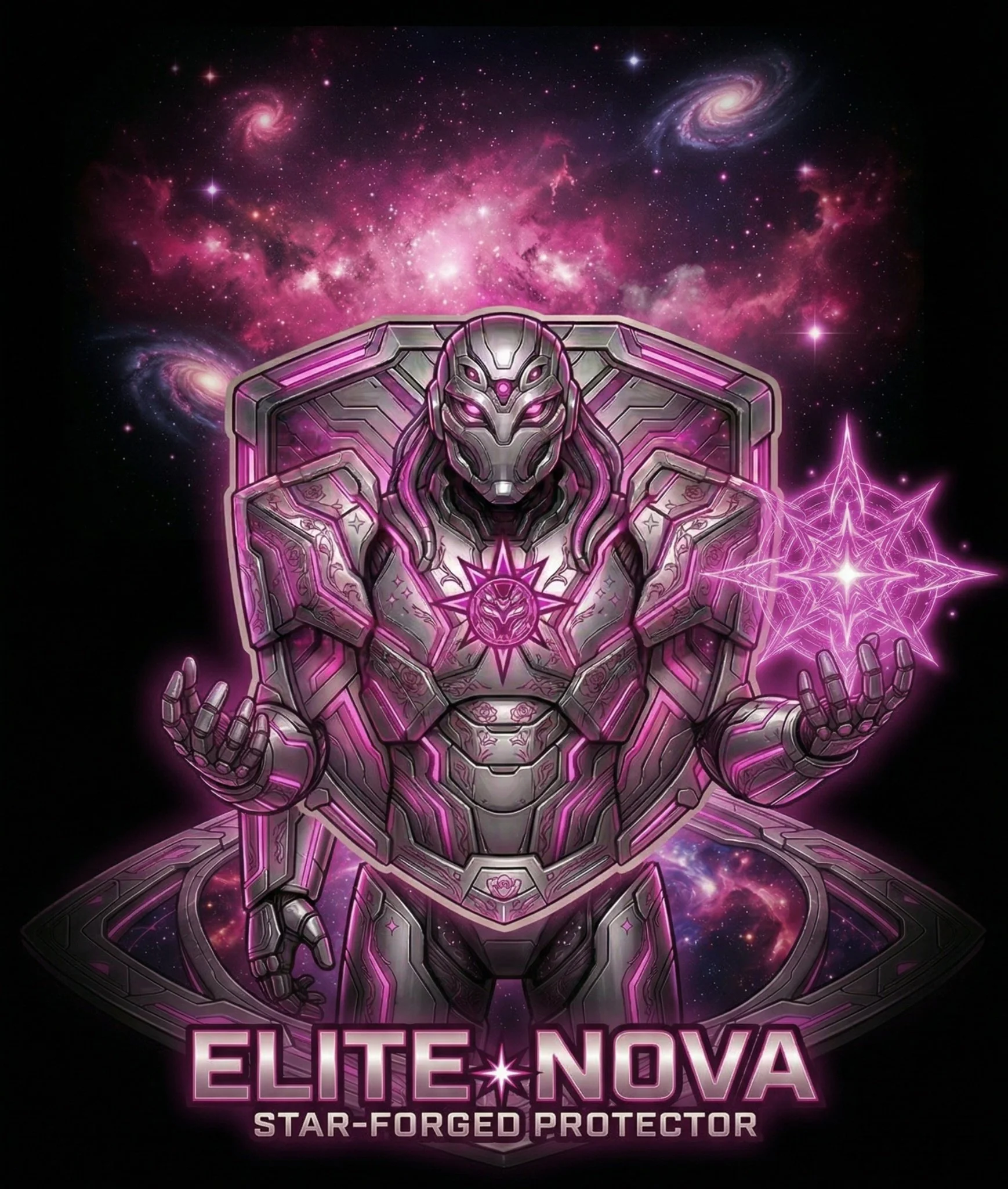 Elite Nova Star-Forged Protector graphic, silver female guardian in hot pink neon armor, glowing star energy sphere, celestial cosmic nebula background, futuristic sci-fi warrior apparel branding.