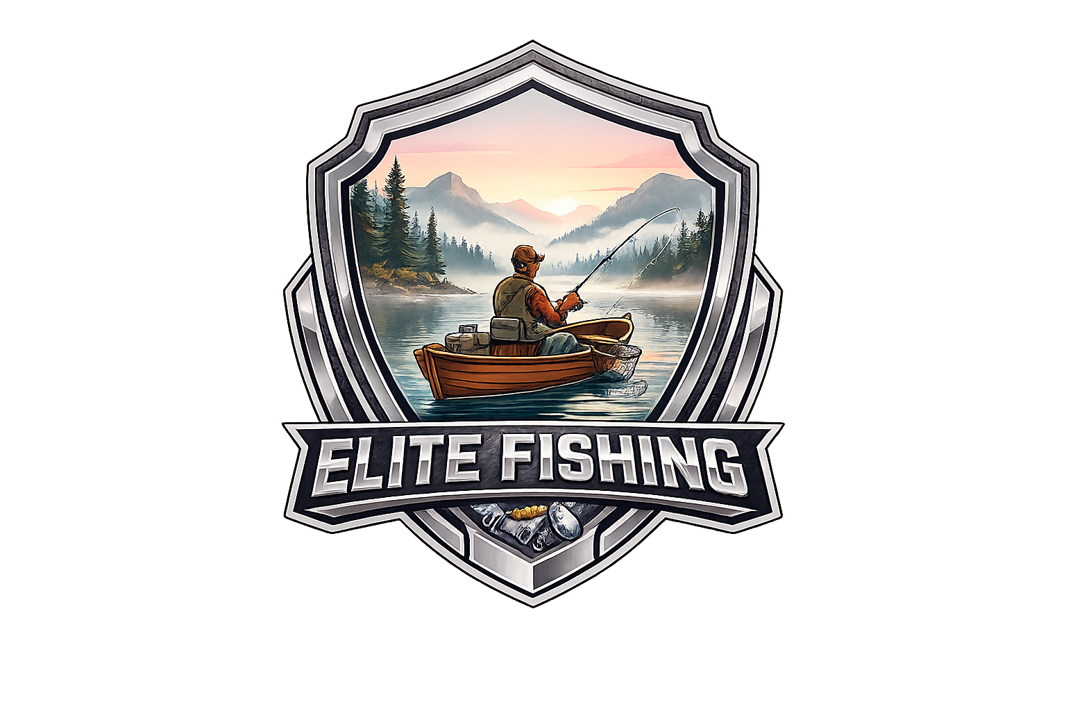 Silver metallic Elite Fishing crest, fisherman in boat at sunset inside high-definition shield, chrome effect logo with sharp edges, detailed mountain landscape, premium silver and charcoal branding on solid black.