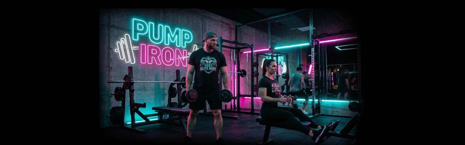 Two people working out in a neon-lit gym, with neon signs that say 'PUMP IRON' on the wall.