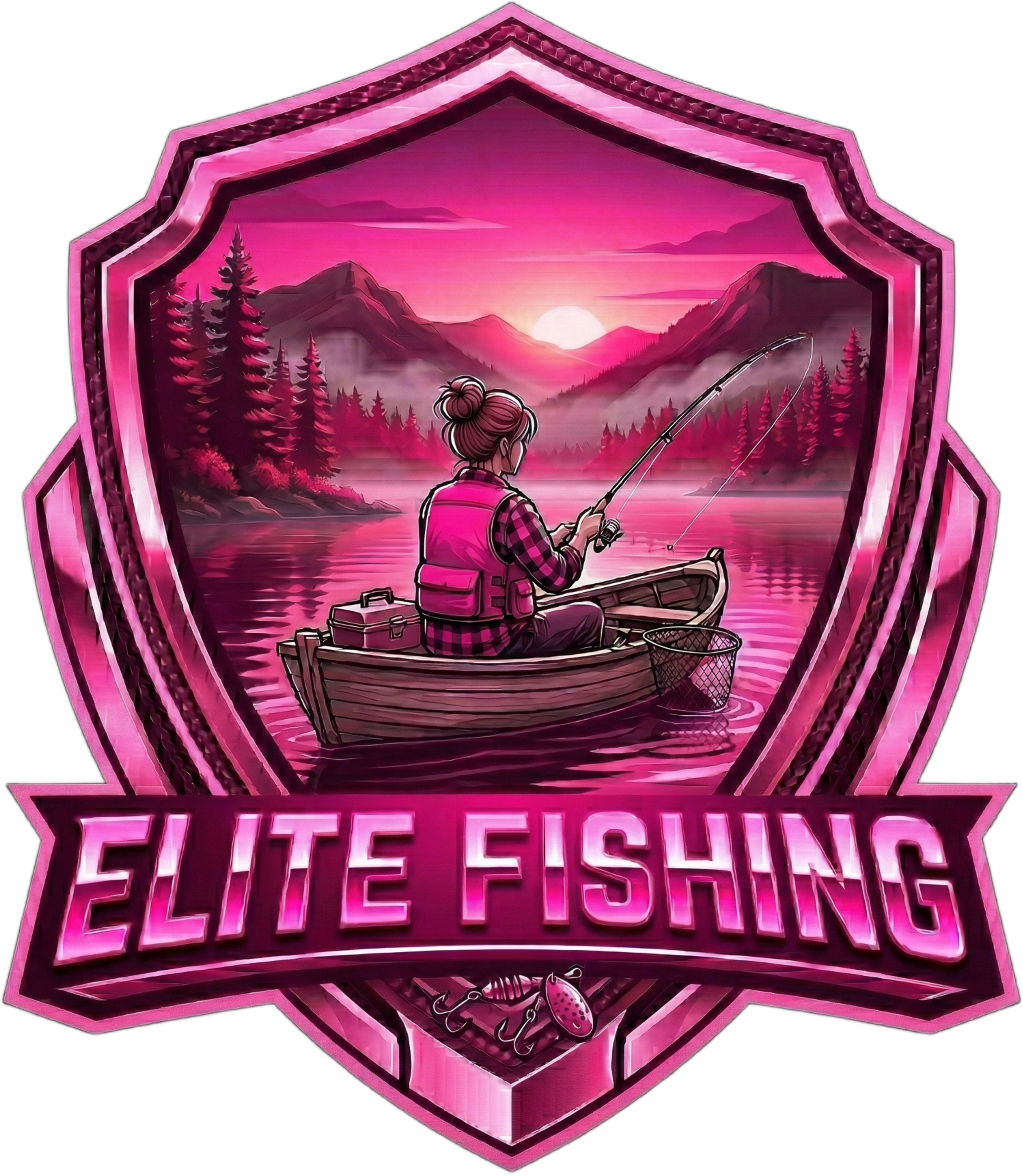 Neon sign with pink border and mountain landscape background, showing a woman fishing on a lake, with text that reads "Fisher Fushing".