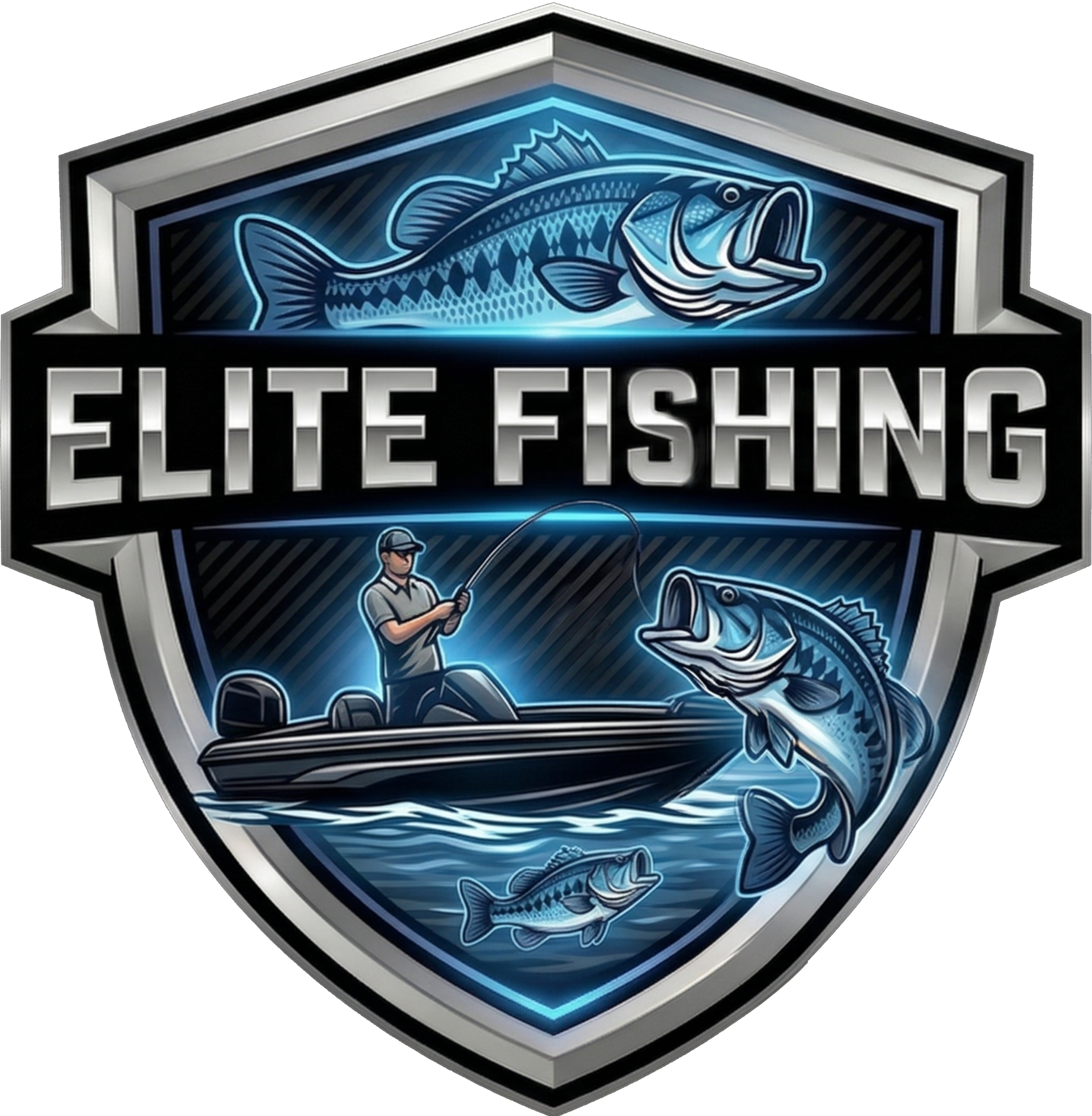 Silver metallic Elite Fishing crest logo, person fishing from boat at sunset, high-definition shield, chrome effect logo with sharp edges, charcoal and silver branding, mountain landscape detail, professional fishing logo on solid black.