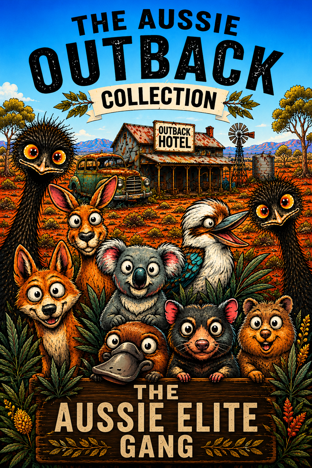 A wide digital illustration featuring a group of cute, wide-eyed emus in front of a rustic outback hotel and a vintage rusty car.