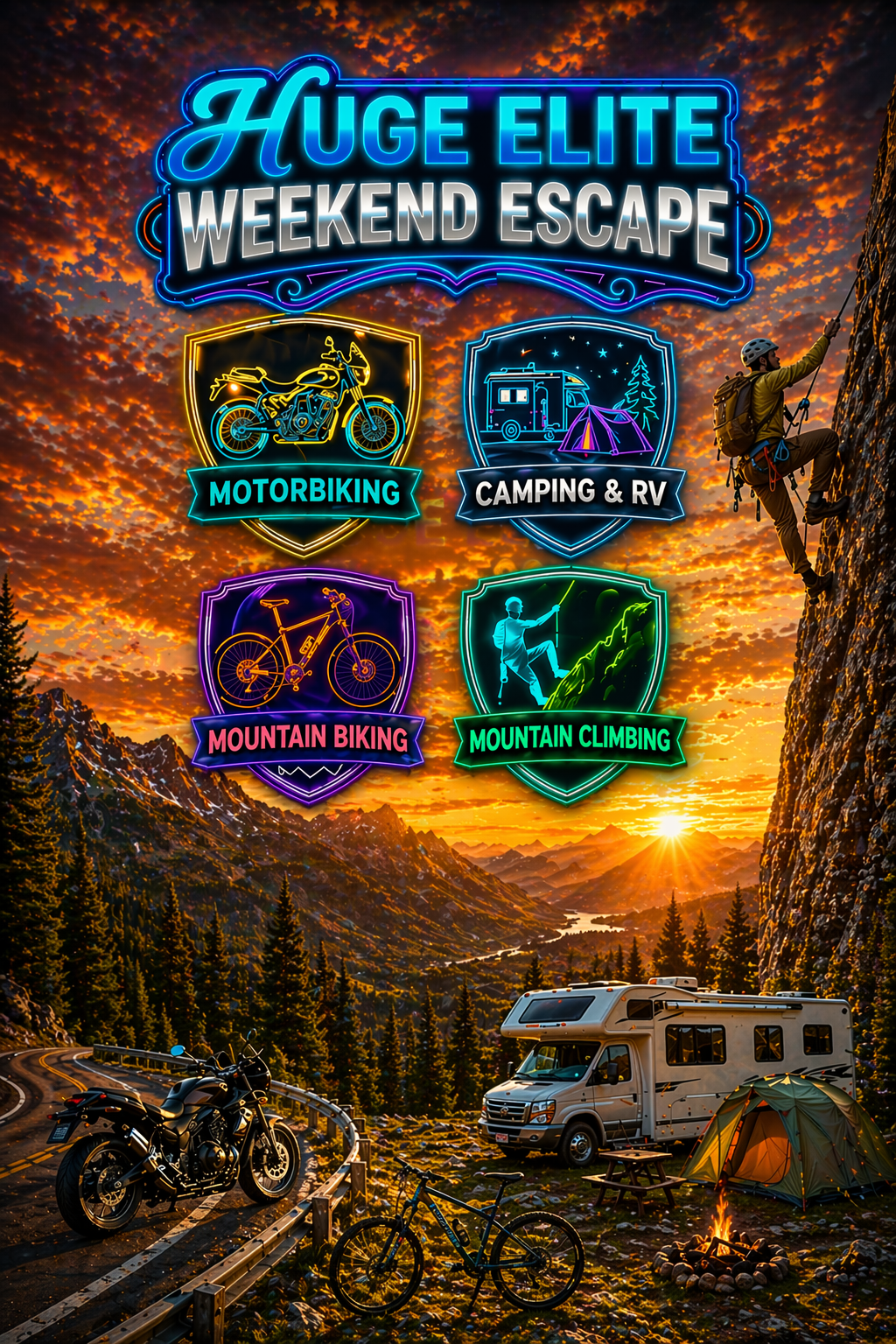 A sunset over mountains with a winding road, featuring a motorcycle, bicycle, RV, and a tent outdoor camping scene. Neon-style graphics highlight activities: motorbiking, camping & RV, mountain biking, and mountain climbing.