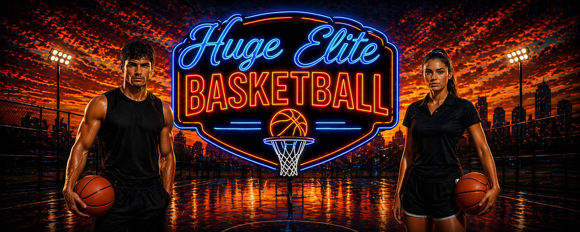HUGE ELITE BASKETBALL // PREMIUM APPAREL, NEON LOGO, MALE AND FEMALE ATHLETES ON URBAN COURT AT SUNSET.