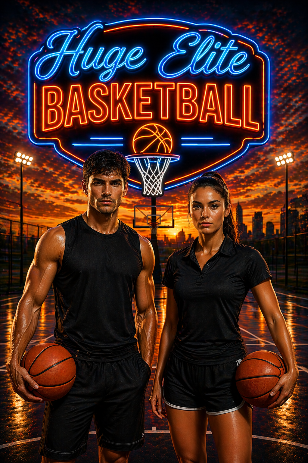 HUGE ELITE BASKETBALL players male and female in black athletic gear on outdoor court at sunset, neon HUGE ELITE BASKETBALL sign, city skyline, athletic male and female holding basketballs