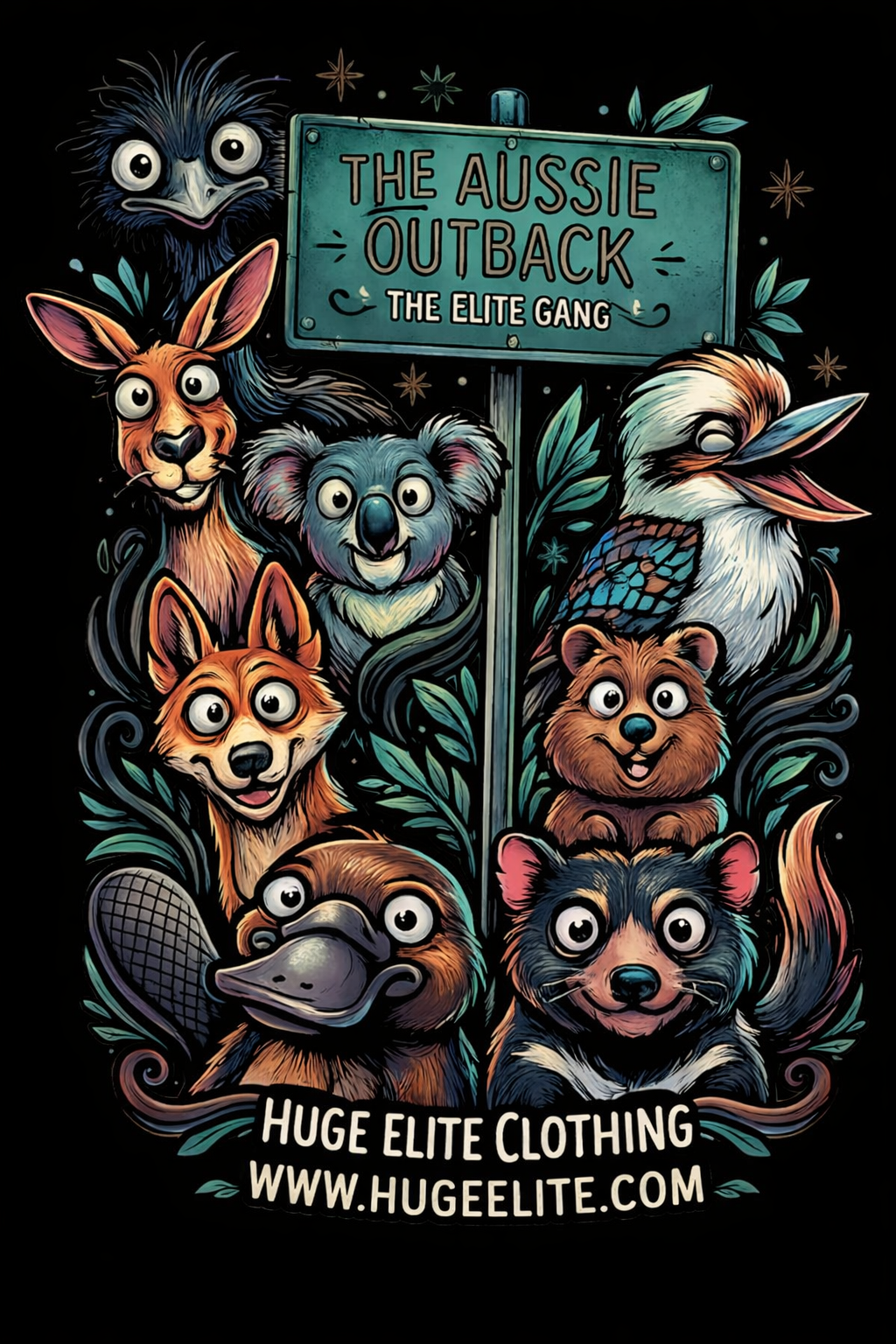 Colorful illustration of various Australian animals with a sign that reads 'The Aussie Outback, The Elite Gang,' and a website link to www.hugeelite.com.
