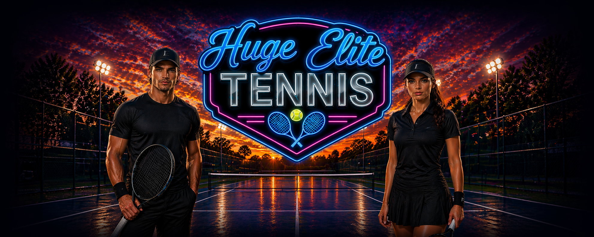 HUGE ELITE TENNIS banner with male and female players in black gear at sunset, neon HUGE ELITE TENNIS sign, athletic pair holding rackets, blue and pink neon logo, wet court reflections, premium sportswear aesthetic