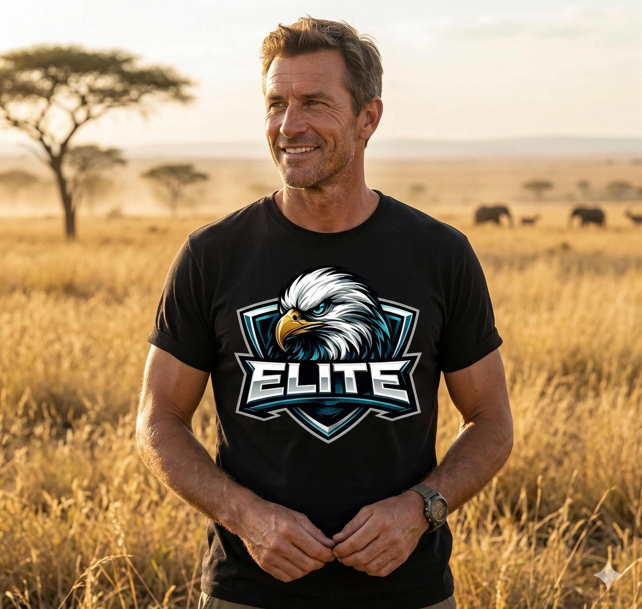 A man with gray hair and a beard smiling outdoors in a field with trees and animals in the background.