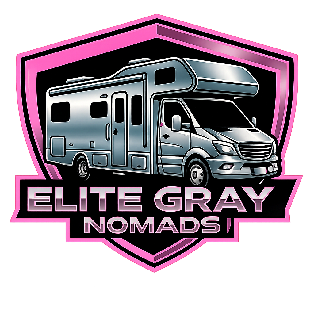 ELITE GRAY NOMADS // METALLIC SHIELD LOGO, HOT PINK AND SILVER NEON ACCENTS, MOTORHOME ILLUSTRATION, HIGH-IMPACT SILVER TEXT.