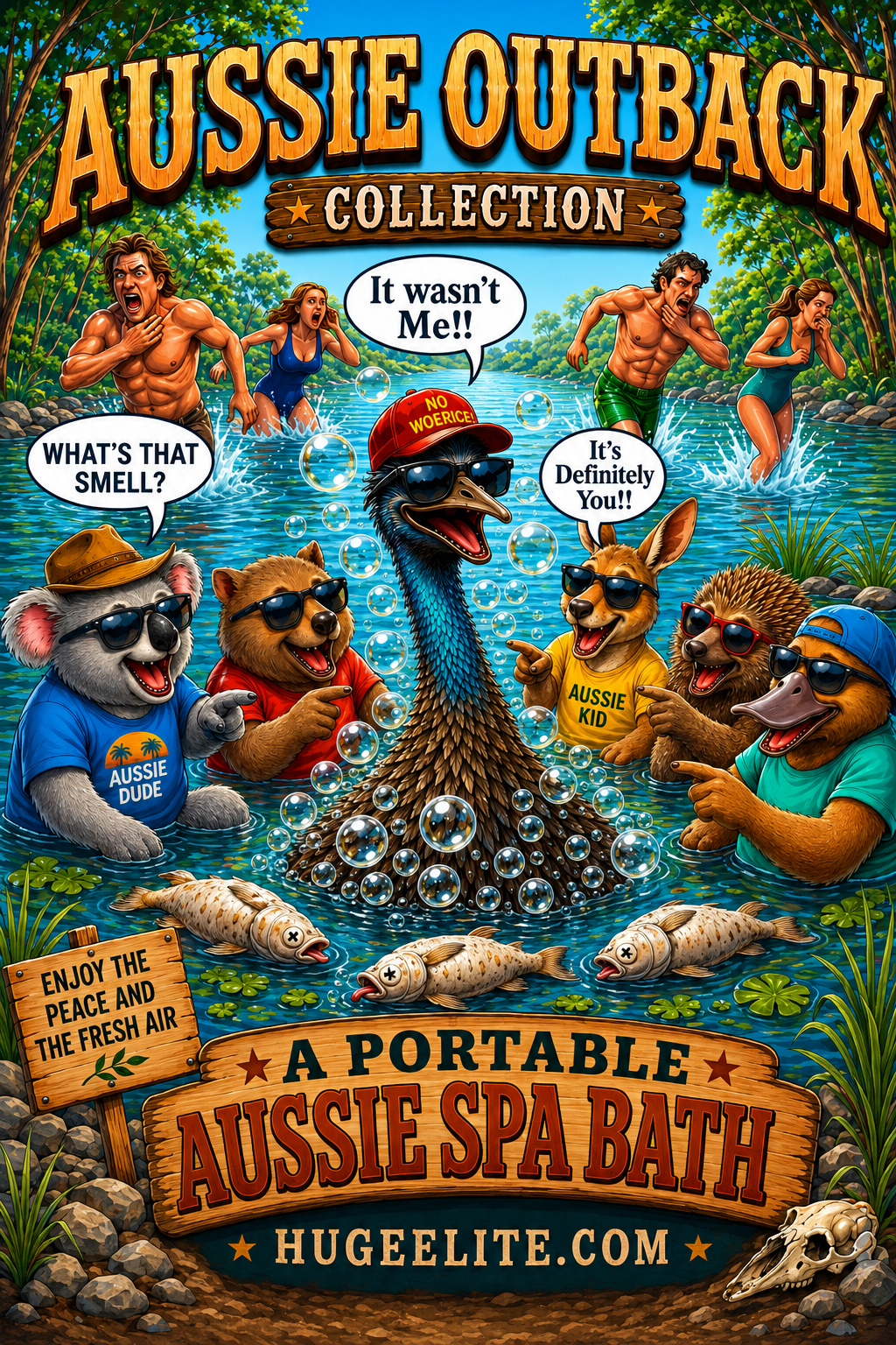 Cartoon Aussie Outback scene with animals in sunglasses lounging in a bubbly billabong while people run away in the background, featuring "A Portable Aussie Spa Bath?" text and HugeElite.com branding.