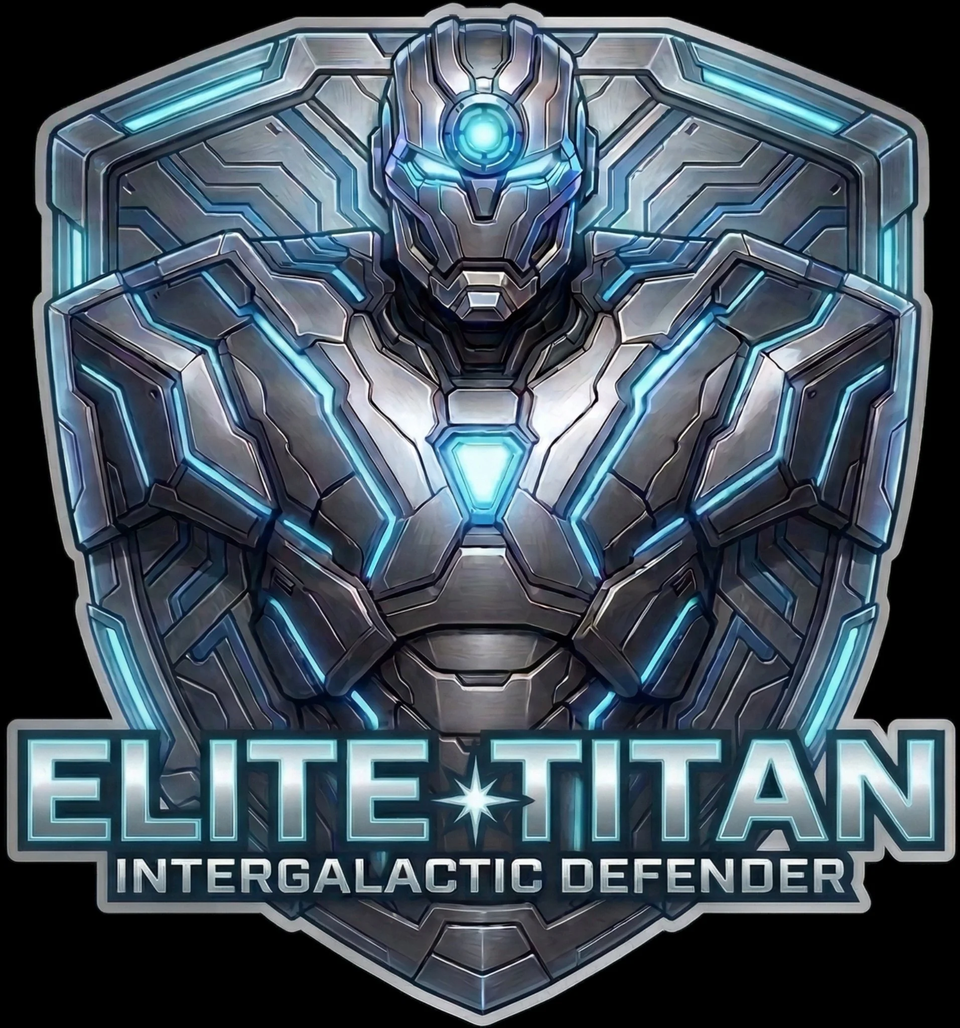 ELITE TITAN // INTERGALACTIC DEFENDER LOGO, METALLIC SILVER AND CYAN ARMOR, SHIELD EMBLEM, SOLID BLACK BACKGROUND.