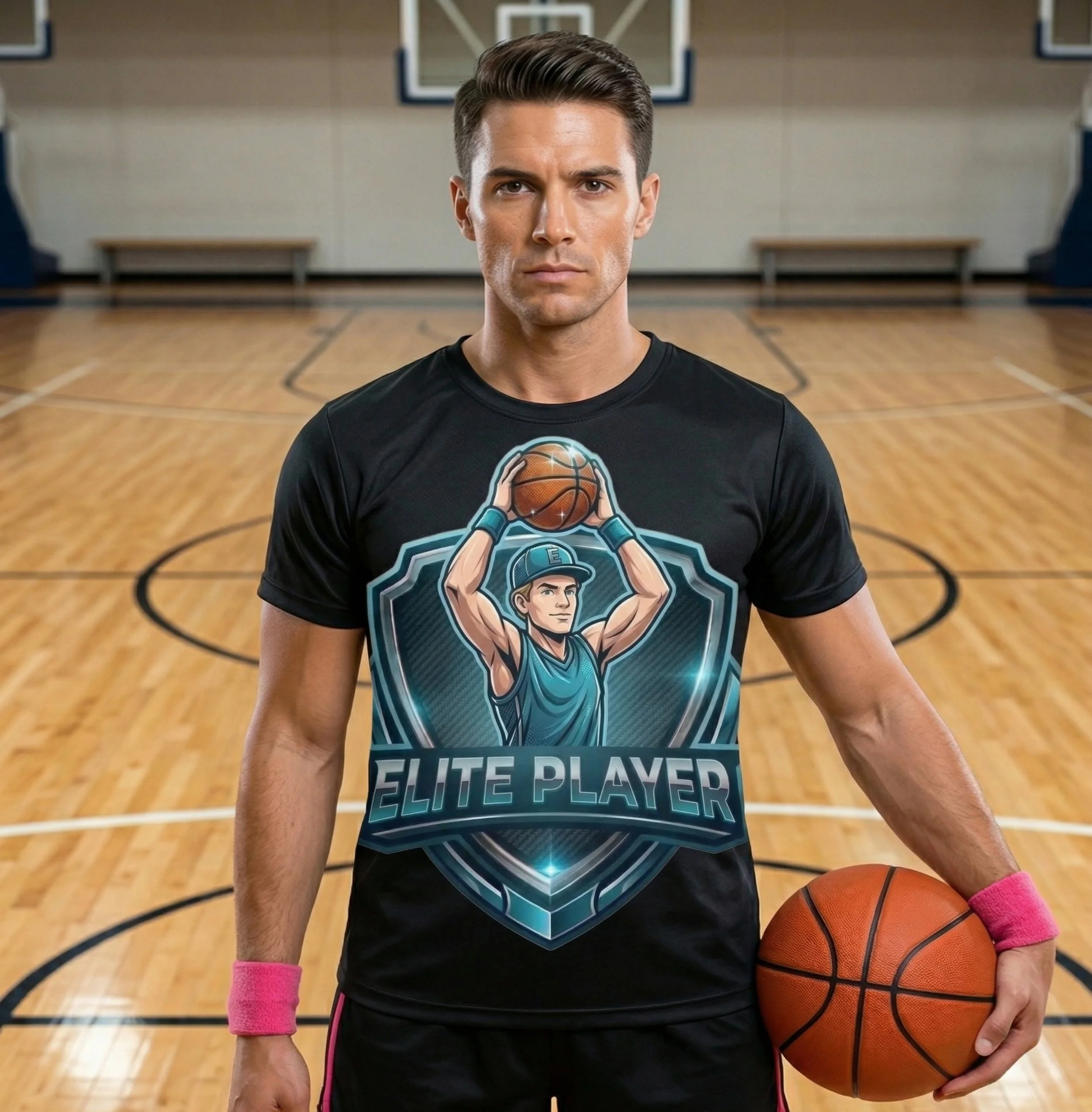 A young man holding a basketball in a gymnasium, wearing a black shirt with a graphic of a girl holding a basketball, and pink wristbands.