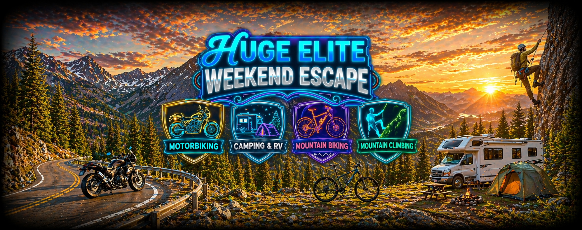 HUGE ELITE WEEKEND ESCAPE // MOUNTAIN LANDSCAPE AT SUNSET, NEON LOGOS FOR MOTORBIKING, CAMPING, MOUNTAIN BIKING, AND CLIMBING.