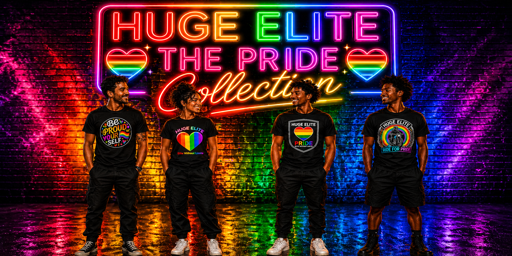 ELITE PRIDE // MODELS IN BRANDED T-SHIRTS, NEON "HUGE ELITE THE PRIDE COLLECTION" SIGN ON BRICK WALL, VIBRANT RAINBOW GLOW, WIDESCREEN BANNER.
