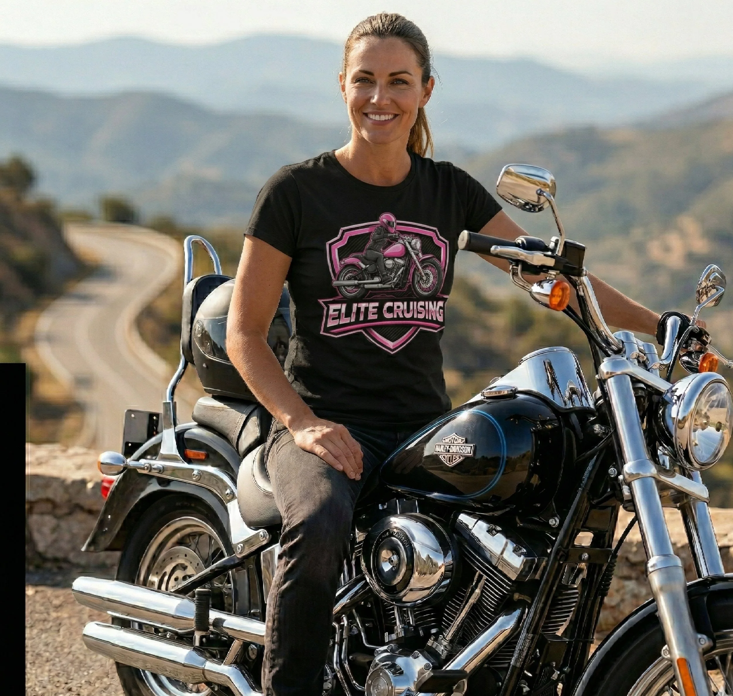 A woman with light skin and brown hair tied back, smiling while sitting on a black Harley Davidson motorcycle. She is wearing a black T-shirt with a pink and purple logo that says "Elite Cruising" and features a motorcycle graphic. The background sho