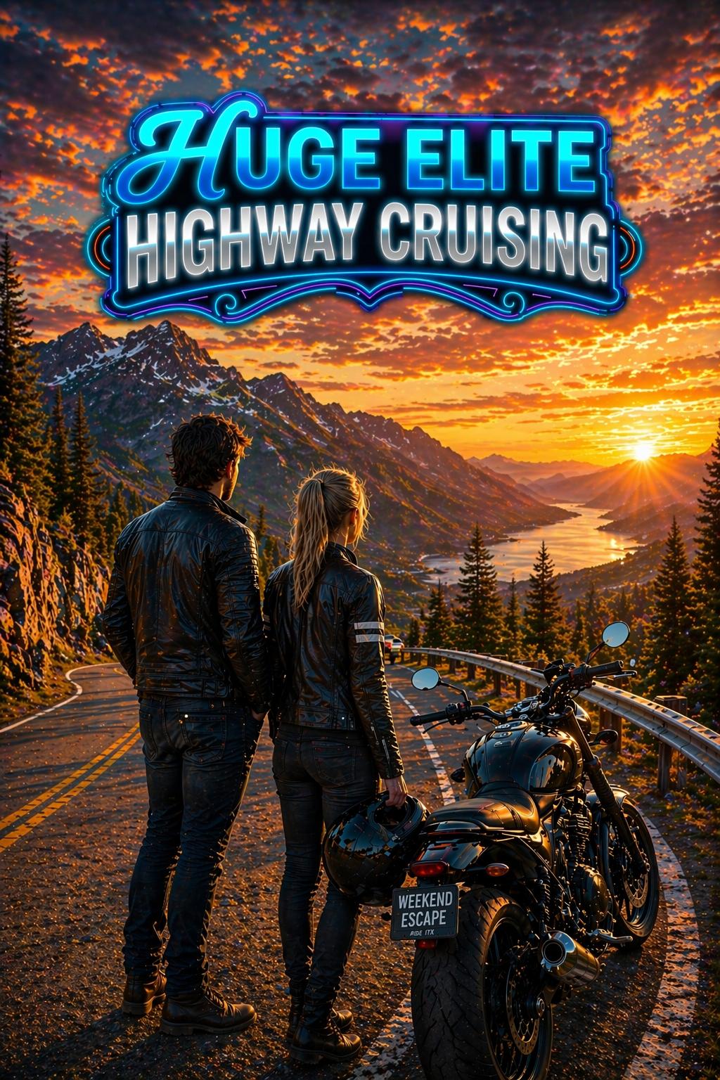HUGE ELITE HIGHWAY CRUISING // MALE AND FEMALE RIDERS IN LEATHER JACKETS, MOTORBIKE ON SCENIC MOUNTAIN ROAD AT SUNSET.