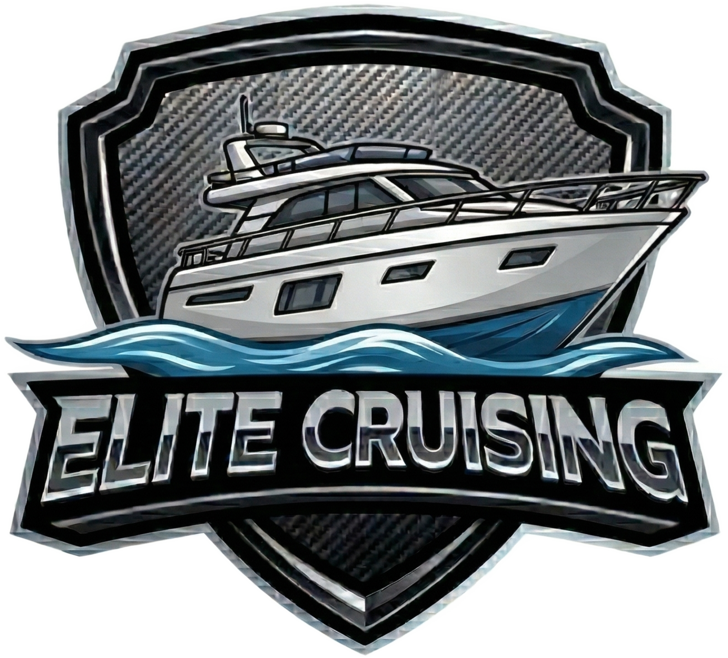 Huge Elite Cruising logo, luxury motor yacht illustration, metallic silver chrome shield emblem, executive nautical branding, grayscale yachting graphic, motorboat on waves, premium maritime identity, sleek yacht silhouette, modern nautical shield.