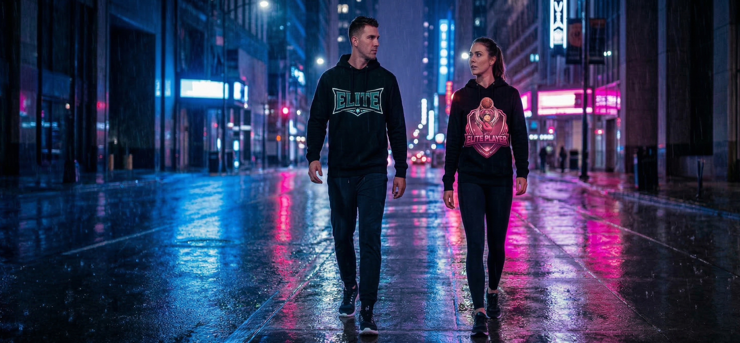 A man and woman walking together on a rainy city street at night, wearing hoodies with gaming logos, illuminated by neon lights reflected on the wet pavement.