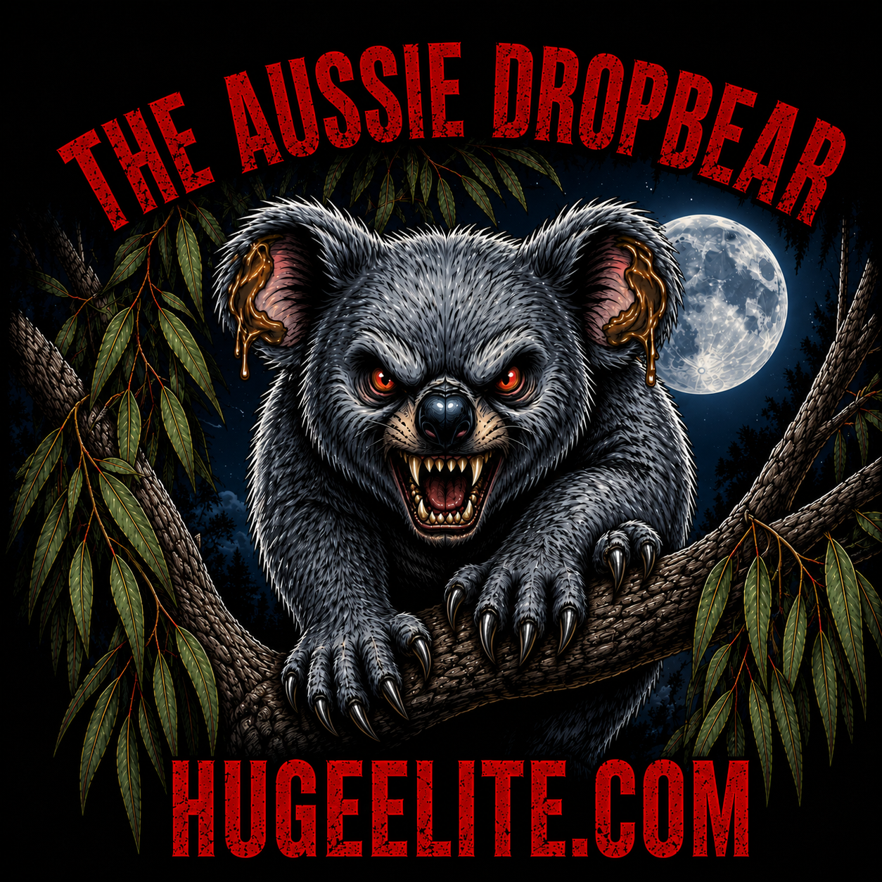 A high-impact graphic of a fierce "Aussie Dropbear" with glowing red eyes and sharp metallic claws perched on a gum tree branch under a full moon, featuring bold red "Huge Elite" branding on a solid black background.