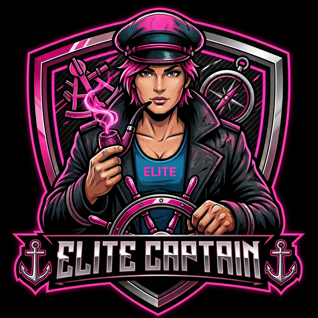 A digital illustration of a confident woman with pink hair, wearing a cap and leather jacket, smoking a pipe. She is standing in front of a shield with a compass motif, with neon pink accents. The text "ELITE CAPTAIN" is displayed at the bottom, with nautical anchors on either side.