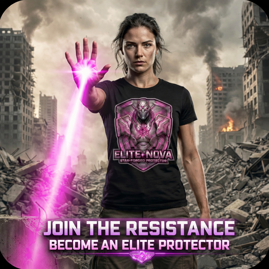 A woman standing in a destroyed city with smoke and fire, wearing a black t-shirt with a purple and silver armored lion logo and the text 'Elite Nova Star-Forged Protector,' raising her hand emitting pink energy, with a message to join the resistance