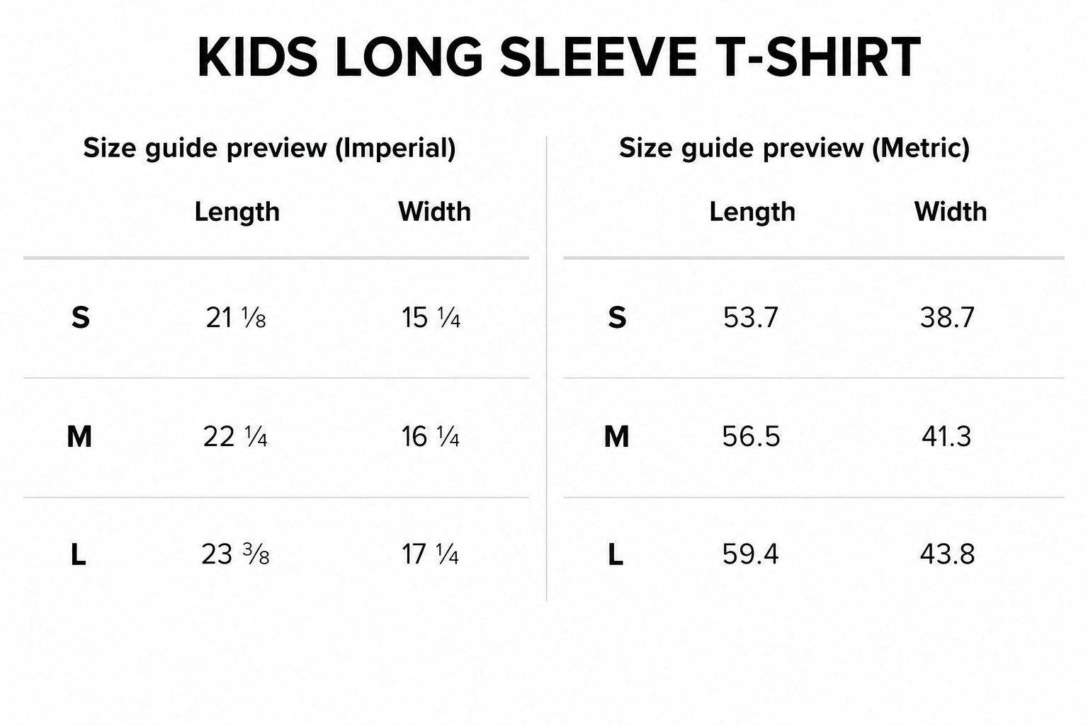 Size guide chart for kids long sleeve T-shirts showing dimensions in inches and centimeters for sizes S, M, and L.