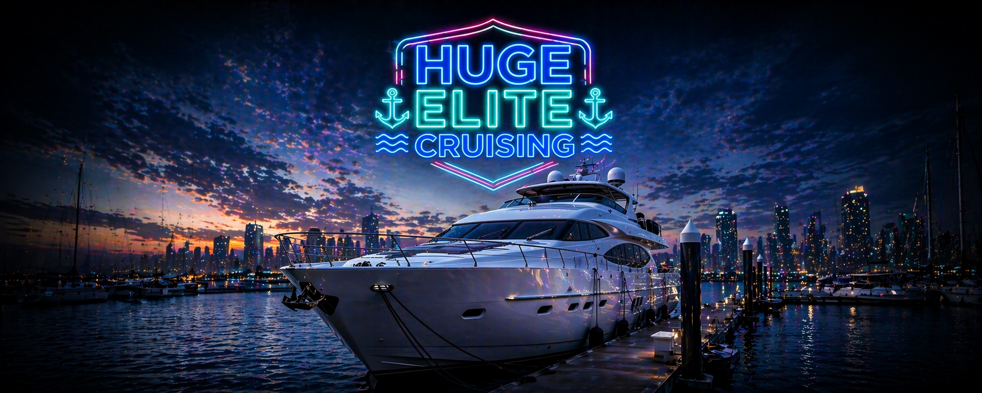 Elite Cruising landing page banner, Huge Elite yachting apparel, neon cruiser sign over dark marina, luxury motor yacht at night, urban harbor skyline, cyan and silver nautical branding, premium boating gear, high-end maritime lifestyle.