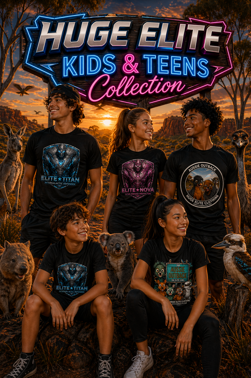 ELITE KIDS & TEENS // YOUNG MODELS IN BRANDED T-SHIRTS, AUSTRALIAN OUTBACK SUNSET WITH NATIVE ANIMALS, VIBRANT NEON LOGO HEADER.