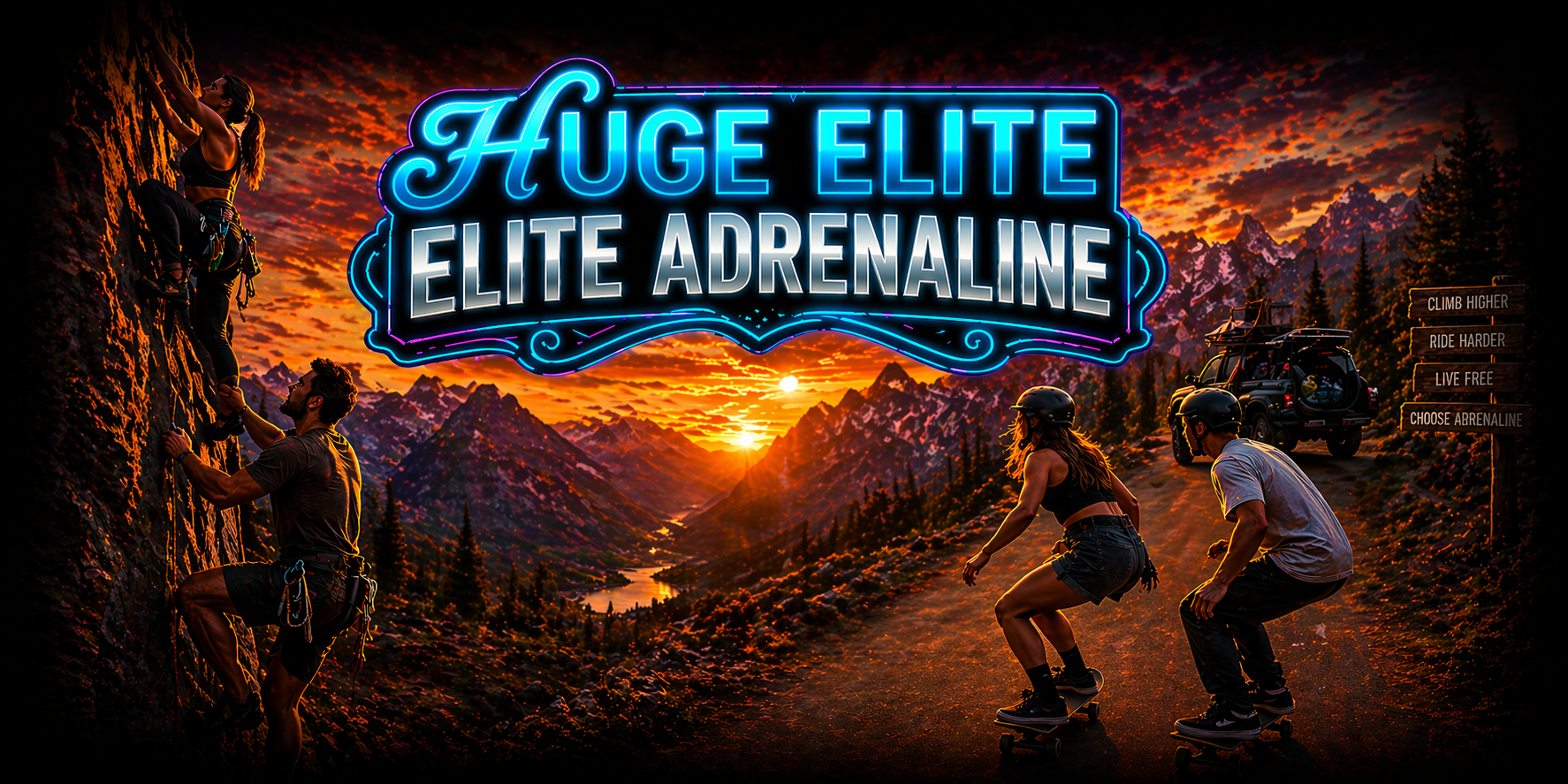 ELITE ADRENALINE // MOUNTAIN CLIMBERS ON ROCK FACE, SKATEBOARDERS ON ROAD, NEON LOGO, RUGGED MOUNTAIN PEAKS AT SUNSET.