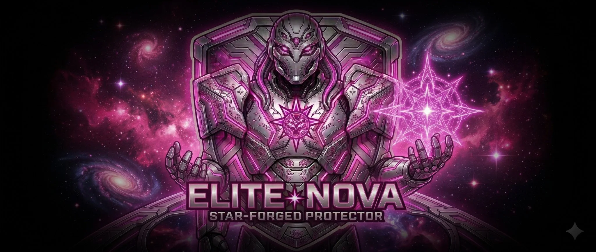 ELITE NOVA // STAR-FORGED PROTECTOR LOGO, METALLIC SILVER AND MAGENTA ARMOR, SHIELD EMBLEM, SOLID BLACK BACKGROUND.