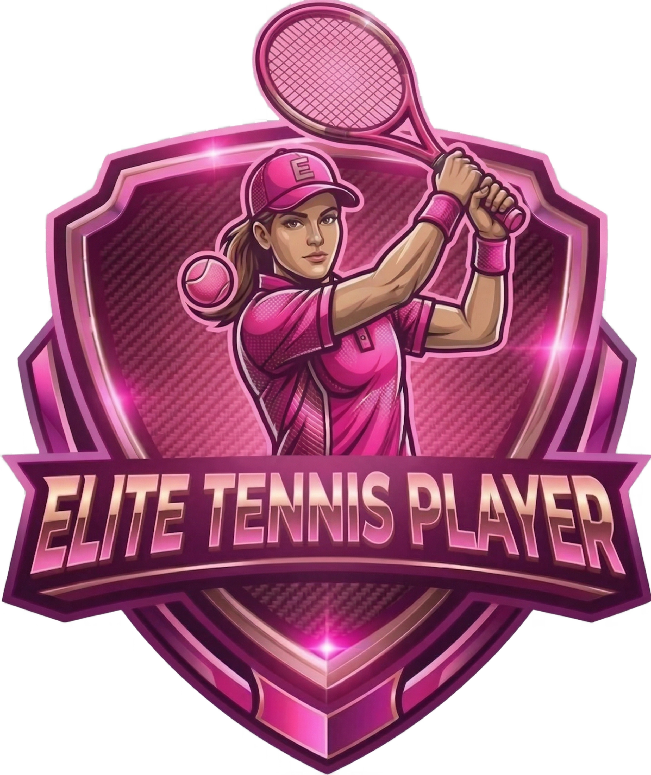 HUGE ELITE TENNIS PLAYER female logo, pink/silver neon player in metallic shield with text, premium apparel branding on carbon fiber.