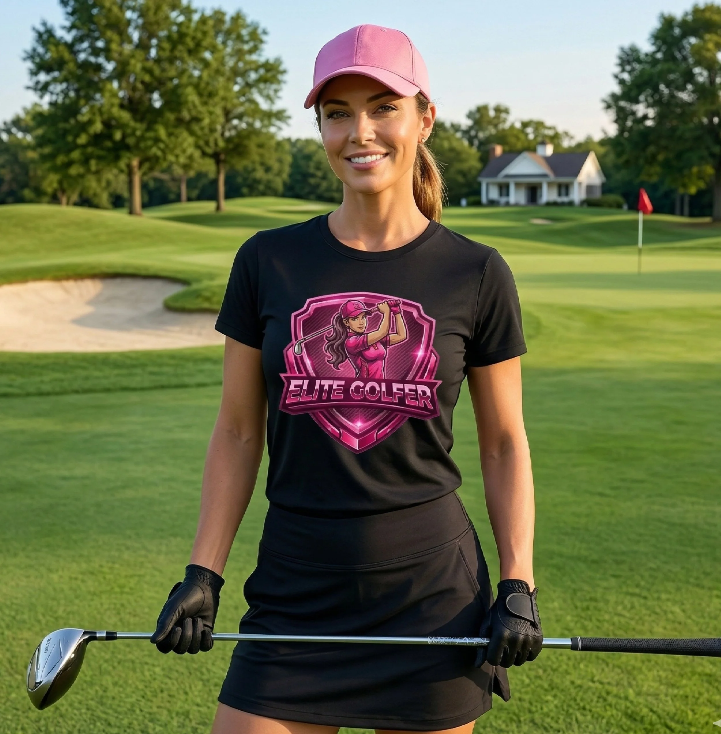 A woman standing on a golf course holding a golf club, wearing a pink baseball cap, black athletic T-shirt with a pink graphic of a female golfer, and black golf gloves, with green lawns, trees, a small house, and a flag in the background.