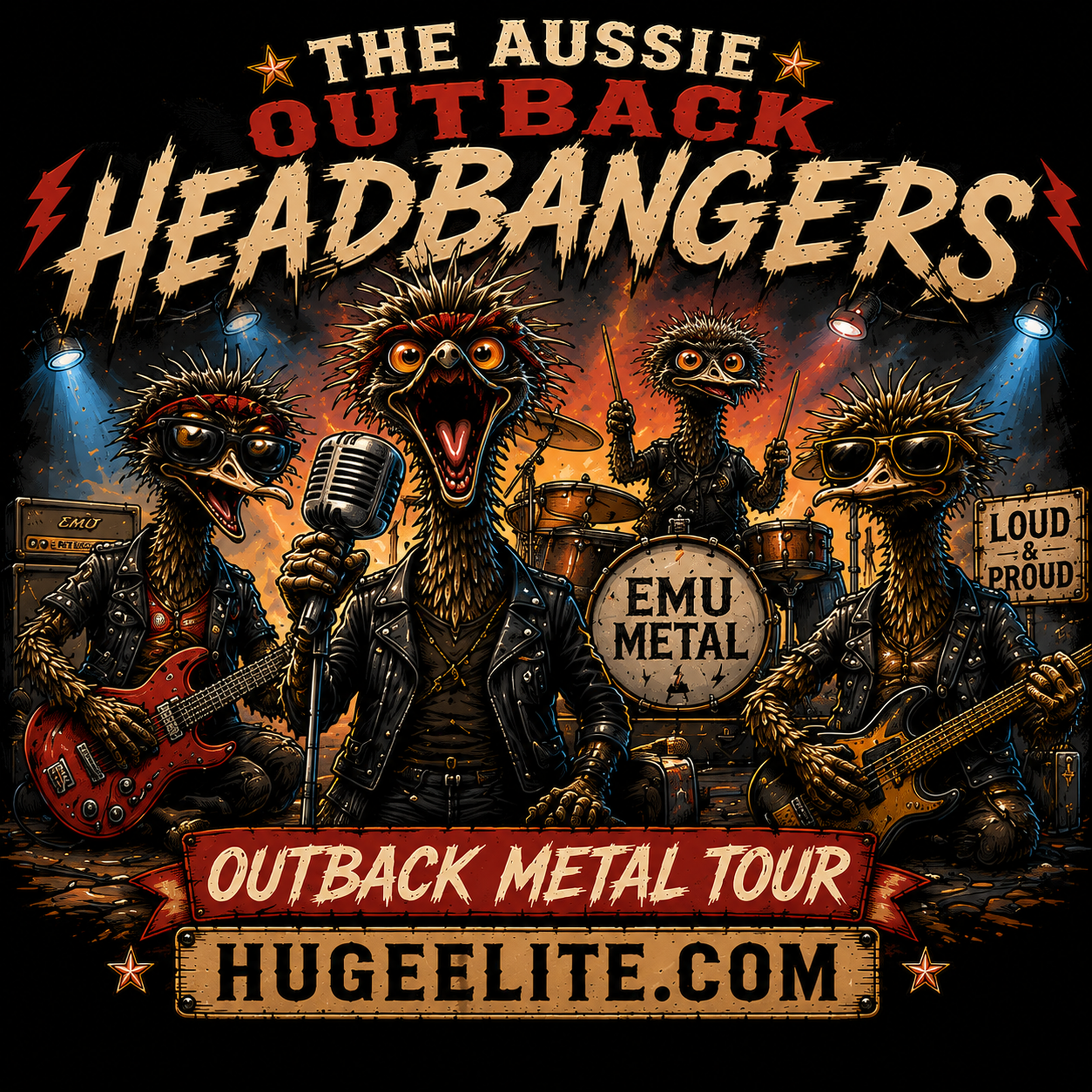 Aussie Outback Emu Headbangers logo, three aggressive emu characters with mohawks, heavy metal aesthetic, vintage illustration, Huge Elite apparel branding, high-impact outback streetwear