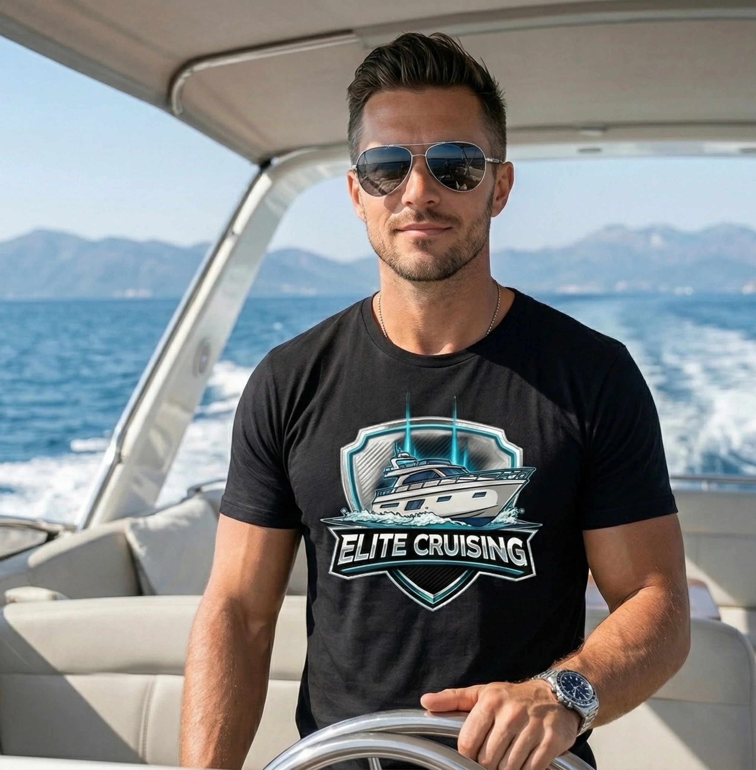 A young man wearing sunglasses and a black T-shirt with an 'Elite Cruising' logo, is standing on a boat with the ocean and mountains in the background.