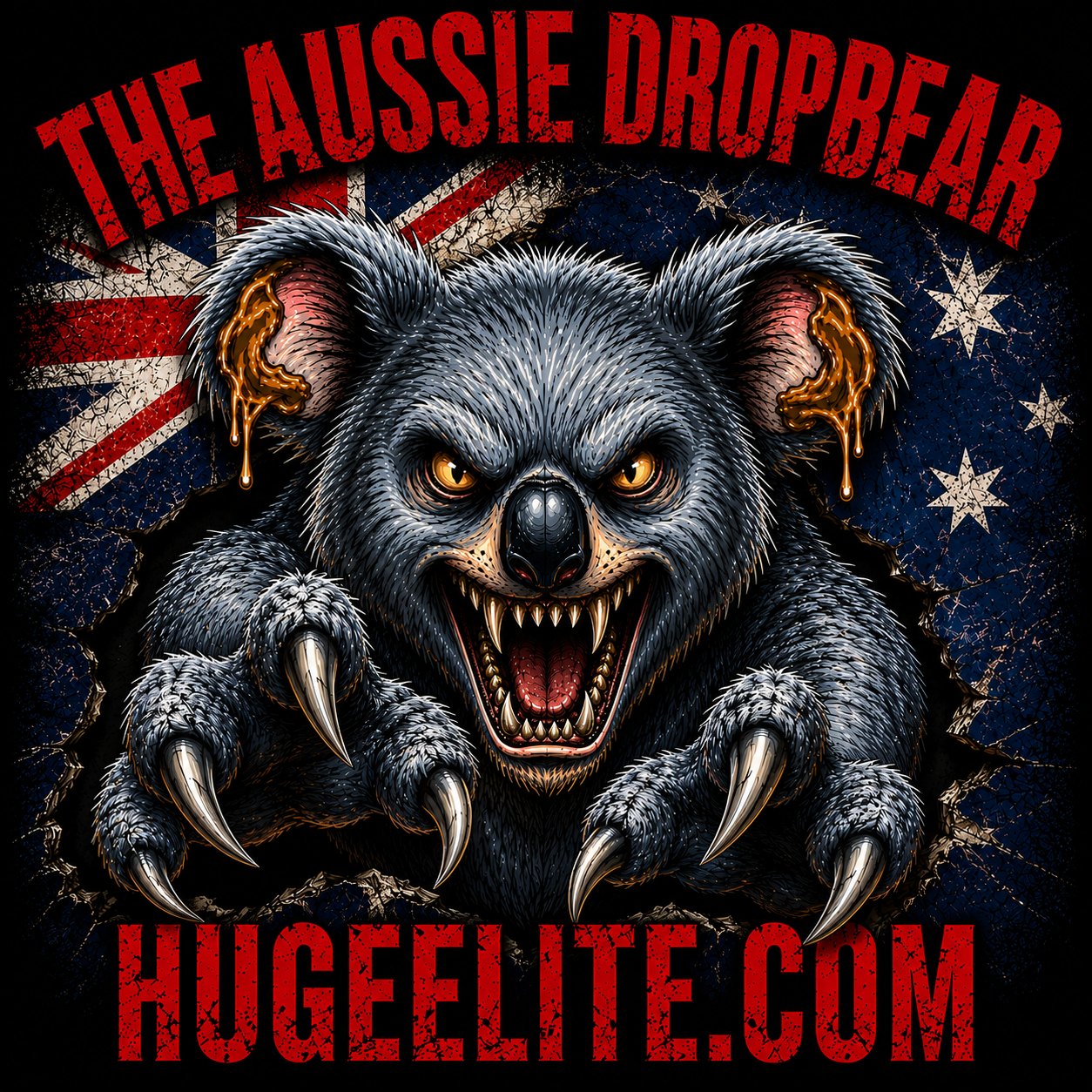 A fierce koala with glowing yellow eyes and sharp teeth tearing through a torn Australian flag background, with the words 'The Aussie Dropbear' above and 'HUGEELI.COM' below in red text.