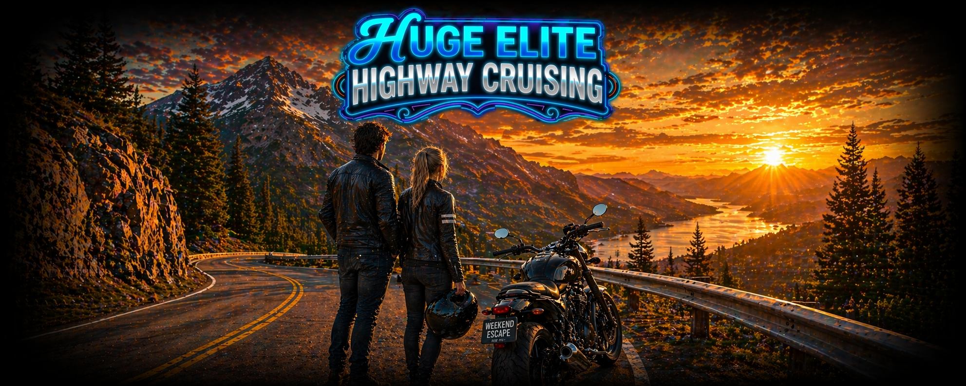 HUGE ELITE HIGHWAY CRUISING // MALE AND FEMALE RIDERS IN LEATHER JACKETS, MOTORBIKE ON SCENIC MOUNTAIN ROAD AT SUNSET.