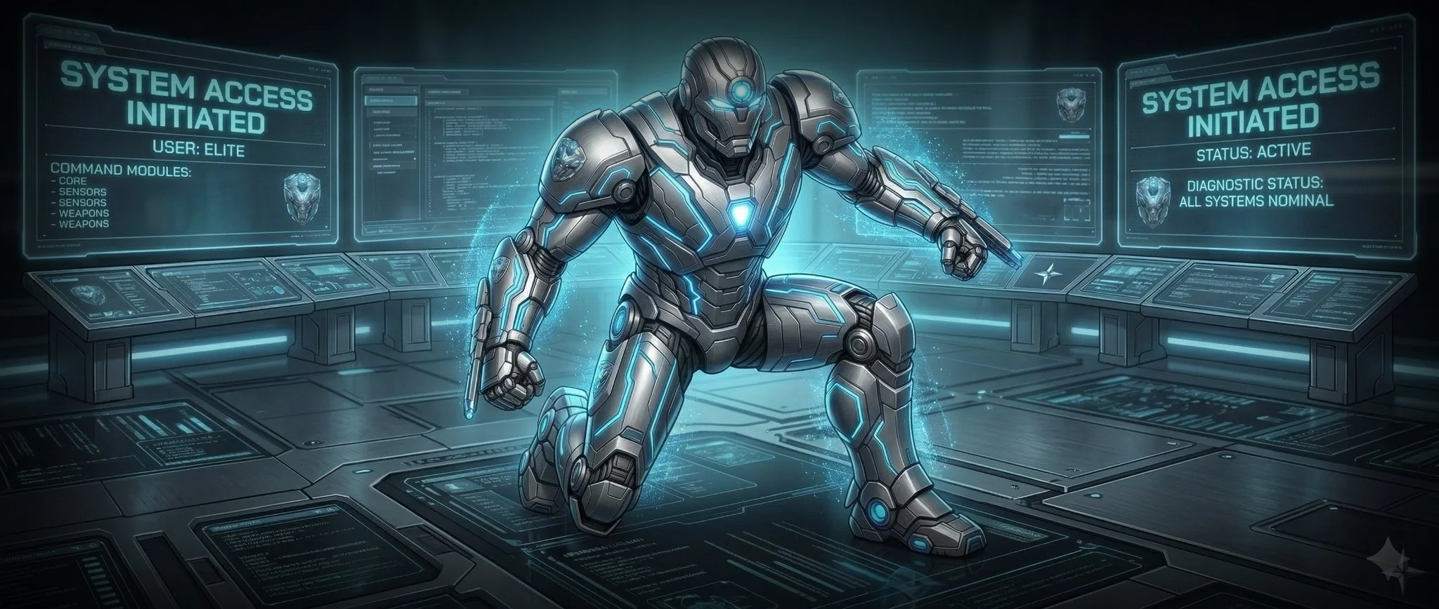 ELITE TITAN // INTERGALACTIC DEFENDER BANNER, KNEELING CYAN ARMOR CHARACTER, HOLOGRAPHIC SYSTEM INTERFACES, TECH COMMAND CENTER.