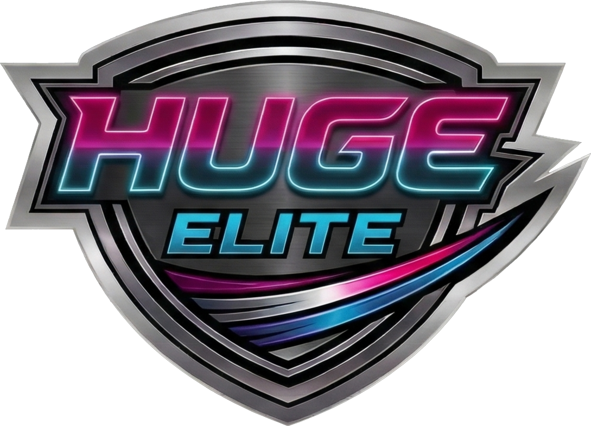 Huge Elite metallic shield logo, neon pink and cyan blue typography, silver brushed metal emblem, professional branding graphic, hot pink and cyan neon accents, black background contrast