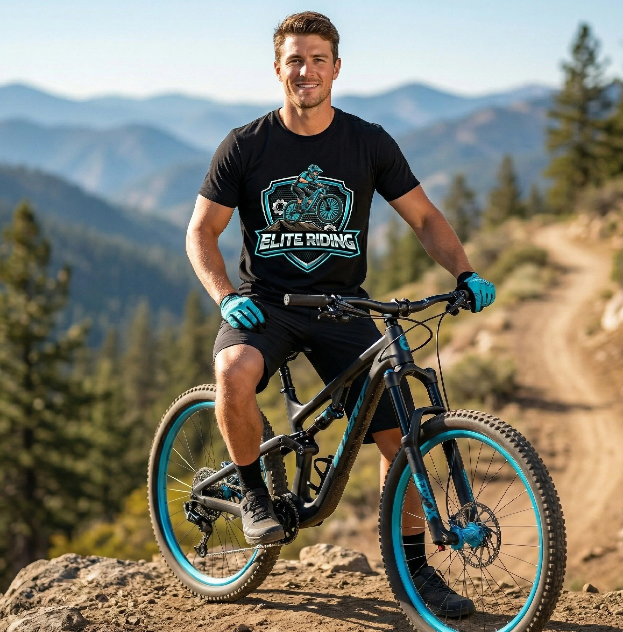 A young man riding a mountain bike outdoors on rocky terrain with mountains and trees in the background, wearing a black T-shirt with the words 'Elite Riding' and a graphic of a cyclist.