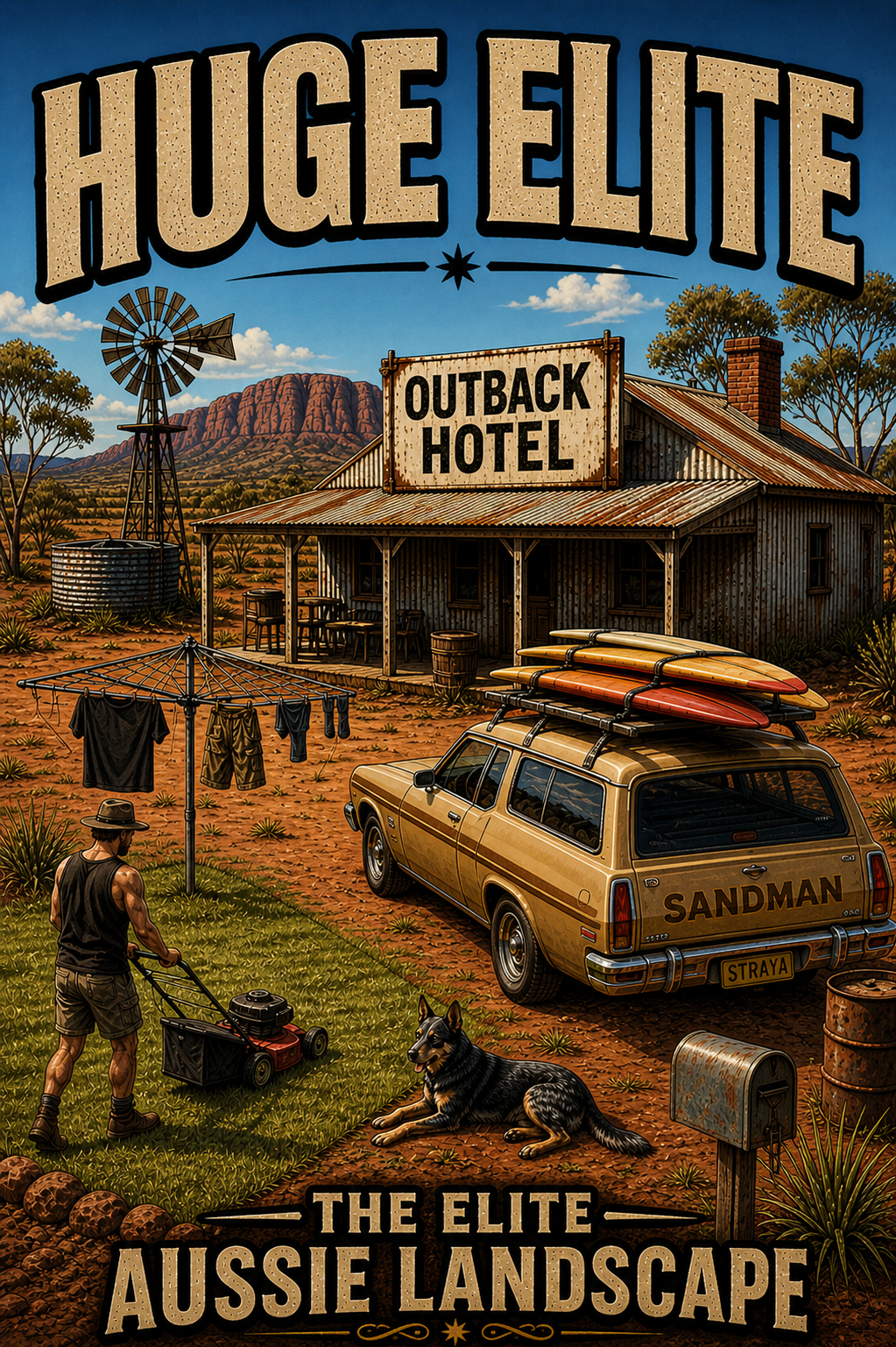 huge elite aussie landscape, outback hotel tin shack, sandman panel van surfboards, blue heeler dog, hills hoist clothesline, lawn mowing outback, premium industrial streetwear, huge elite branding