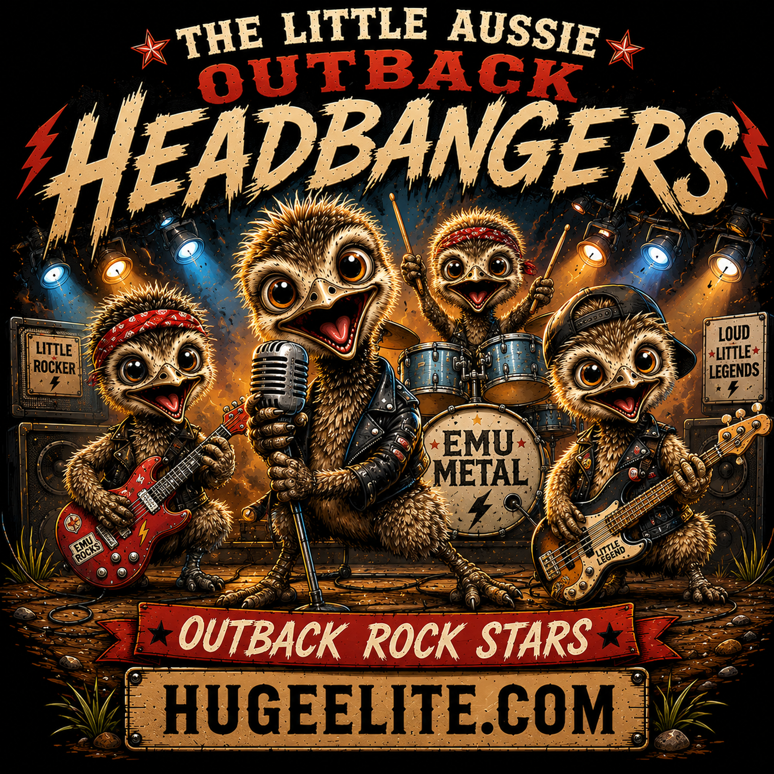 Little Aussie Outback Emu Headbangers logo, three juvenile emu characters with mohawks, heavy metal youth aesthetic, vintage illustration, Huge Elite apparel branding, high-impact youth streetwear, aggressive baby emu graphic, outback punk style.