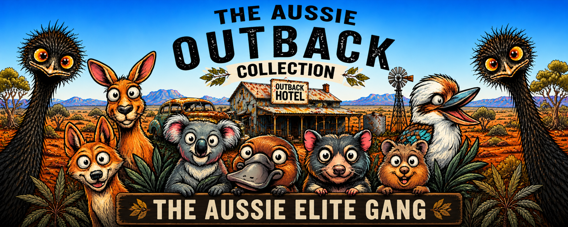 A banner illustration of "The Aussie Elite Gang" featuring a kookaburra, dingo, tasmanian devil, and platypus gathered behind a wooden sign in front of a classic outback hotel.